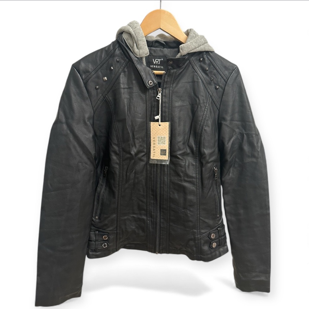 VRT Black Vegan Leather Jacket with Gray Hood